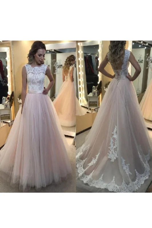 Scoop Tulle With Applique And Sash A Line Lace Up Wedding Dresses Maxi Flowy Bohemian