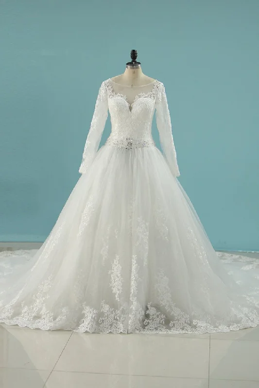 Scoop Wedding Dresses A Line Long Sleeves Tulle Court Train Cowl Neckline Elegant