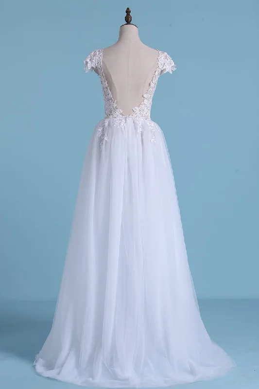 Sexy Beach Wedding Dresses A-Line V-Neck Floor-Length Tulle With Slit Tunics Luxurious premium