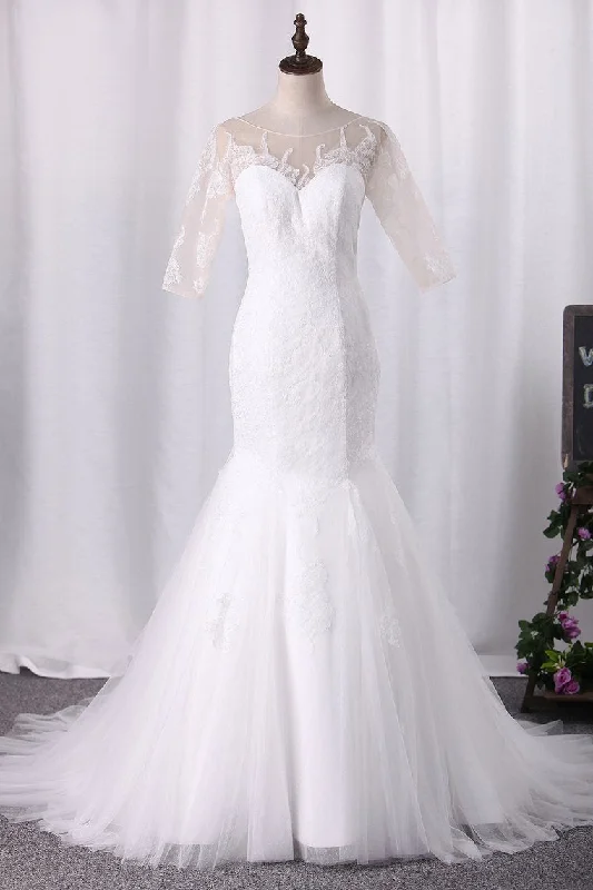 Sexy Mermaid Wedding Dresses Scoop Half Sleeves Tulle With Applique Open Back Tunics Cozy soft