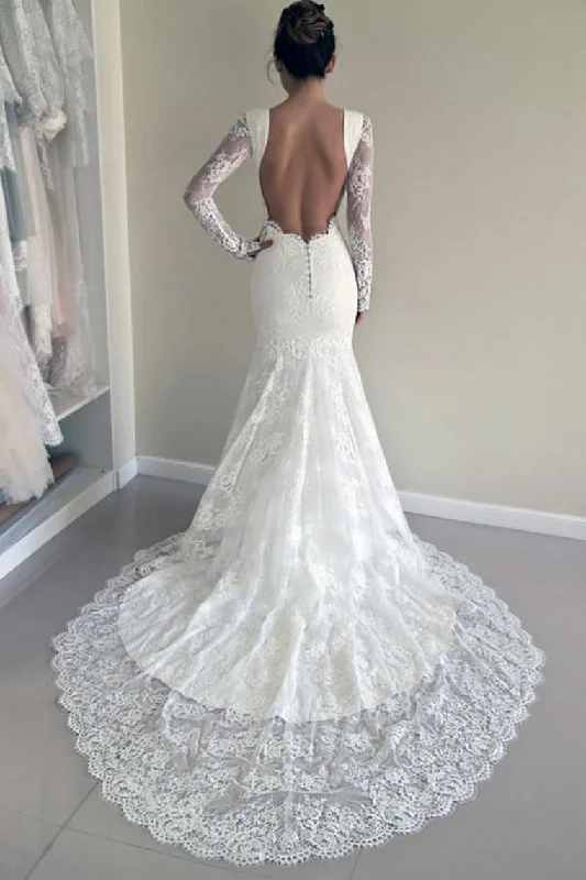 Sexy Open Back Long Sleeves Scoop Wedding Dresses Mermaid Tulle With Applique Square Neckline Feminine