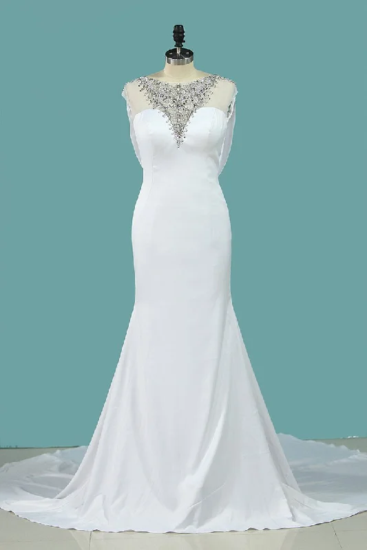 Sexy Open Back Mermaid Wedding Dresses Scoop Chiffon With Beading Tunics Long Elegant