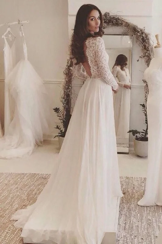 Sexy Open Back Scoop Long Sleeves Wedding Dresses A Line Chiffon & Lace Tunics Plaid country