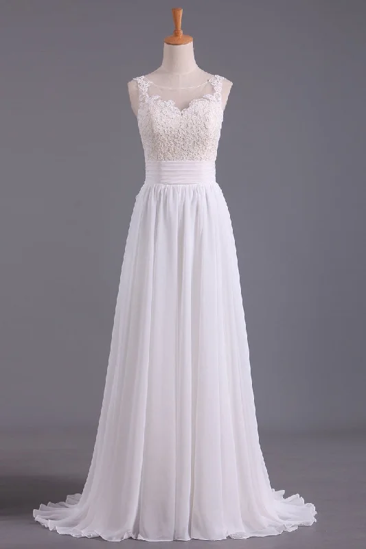 Sexy Open Back Scoop With Applique And Sash Wedding Dresses A Line Chiffon Sweep Train Tunics Business professional