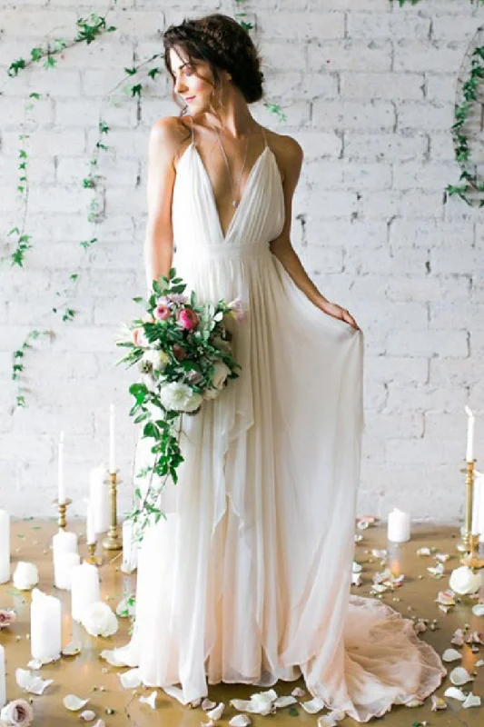 Sexy Open Back Spaghetti Straps Wedding Dresses A Line Ruched Bodice Chiffon Tunics Prom sequined