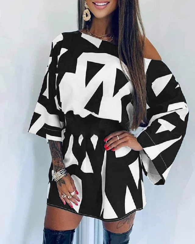 Autumn Festival Women Pumpkin One Shoulder Bell Sleeve Abstract Print Long Sleeve Dress Women Casual Mini Party Dress New Tunics Winter warm