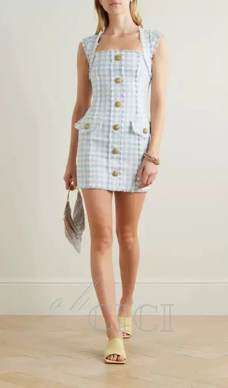 Blue White Gingham Mini dress Tunics Seasonal trendy