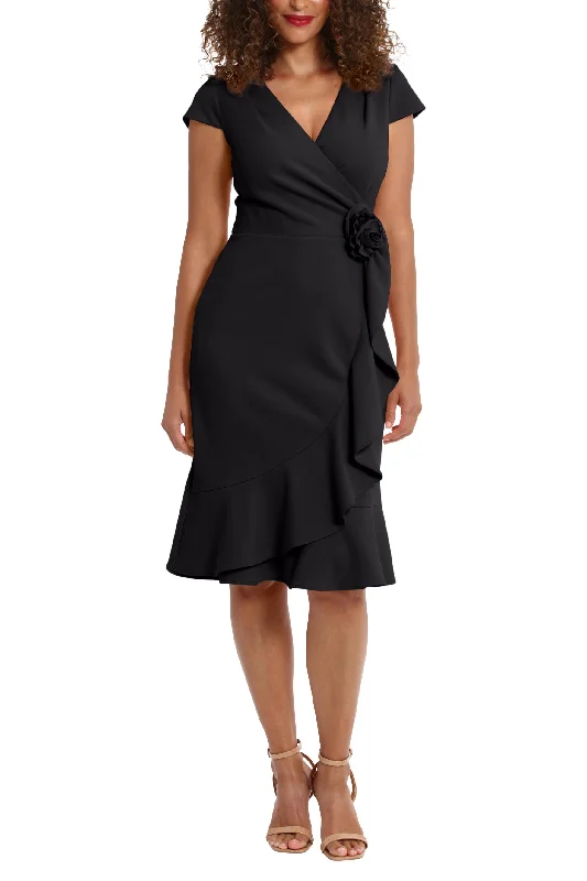 London Times V-Neck Cap Sleeve Wrap with Cascade Ruffle with Rosette Sheath Dress Tunics Top rated