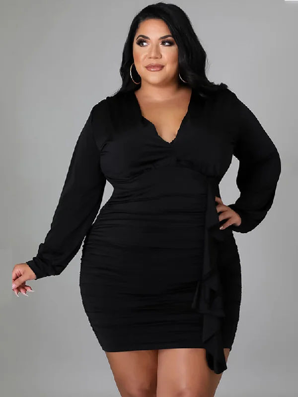 Plus Size Long Sleeve Ruched Bodycon Mini Dresses Tunics Sophisticated sleek