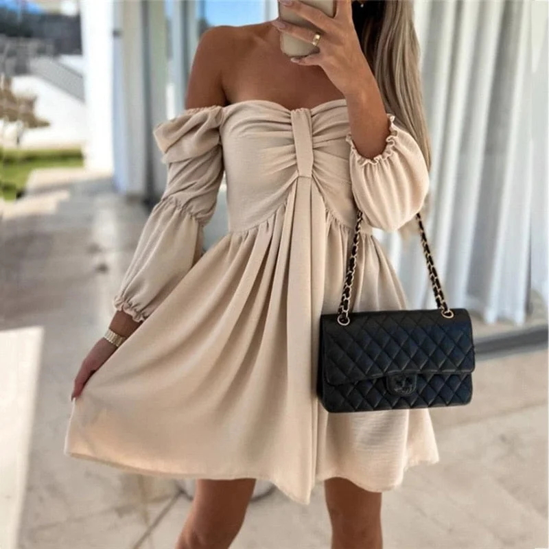 Women Elegant Lantern Half Sleeve Strapless Dress Sexy Off Shoulder Bow Pleat Loose Mini Dress Summer Casual Solid Beach Dress Tunics Formal black