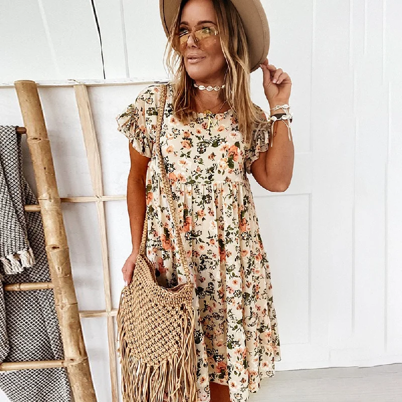 Women Floral Printing Dress Boho Short Sleeve Big Hem Casual Woman Female Loose Ruffles Mini Dresses for 2023 Summer Robe Femme Tunics Solid Classic