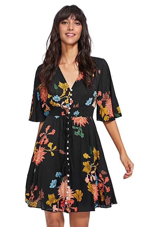 Women's Boho Button Up Split Floral Print Flowy Party Dress Tunics Floral girly