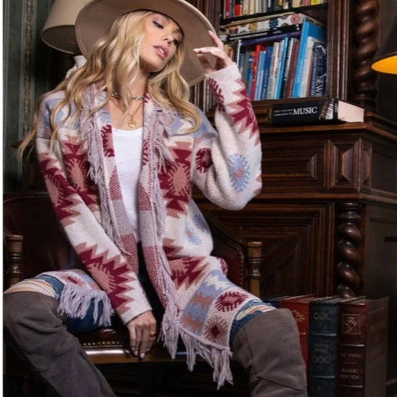 Berry Aztec Pattern Open Front Boho Western Fringe Cardigan Sweater Casual Women Notch Collar Peter Pan Collar Cowl Neck