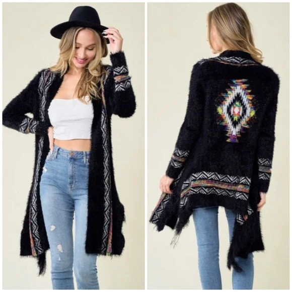 Black Fuzzy Eyelash Fringe Rainbow Aztec Pattern Open Knit Cardigan Sweater Slim Fit Regular Fit Oversized