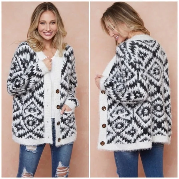 Ivory & Black Fuzzy Soft Eyelash Aztec Tribal Button Up Knit Cardigan Sweater Front Pockets Side Pockets Patch Pockets