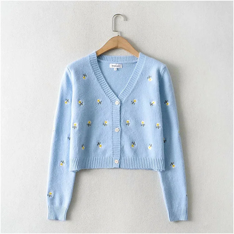 Lazy embroidery button cardigan V-neck versatile top coat sweater  7213 Cardigan Knitwear Sweater