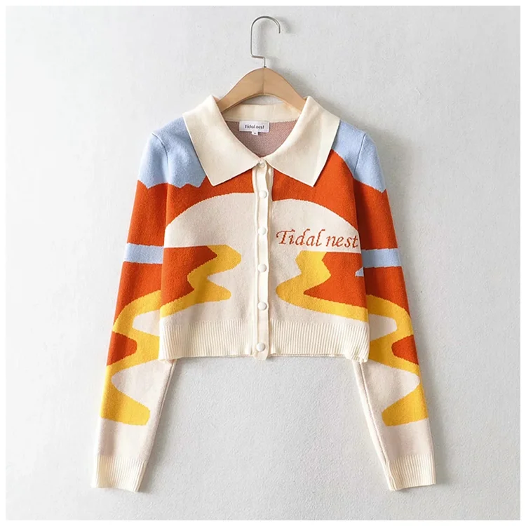 Minority design sunset oil painting super beautiful retro knitted cardigan  7211 Crew Neck V-Neck Turtle Neck