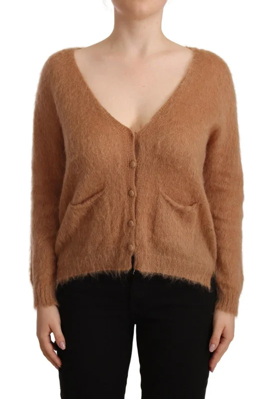 PINK MEMORIES Chic Brown Knit Cardigan with Front Button Closure Notch Collar Peter Pan Collar Cowl Neck PINK MEMORIES Chic Brown Knit Cardigan with Front Button Closure Notch Collar Peter Pan Collar Cowl Neck