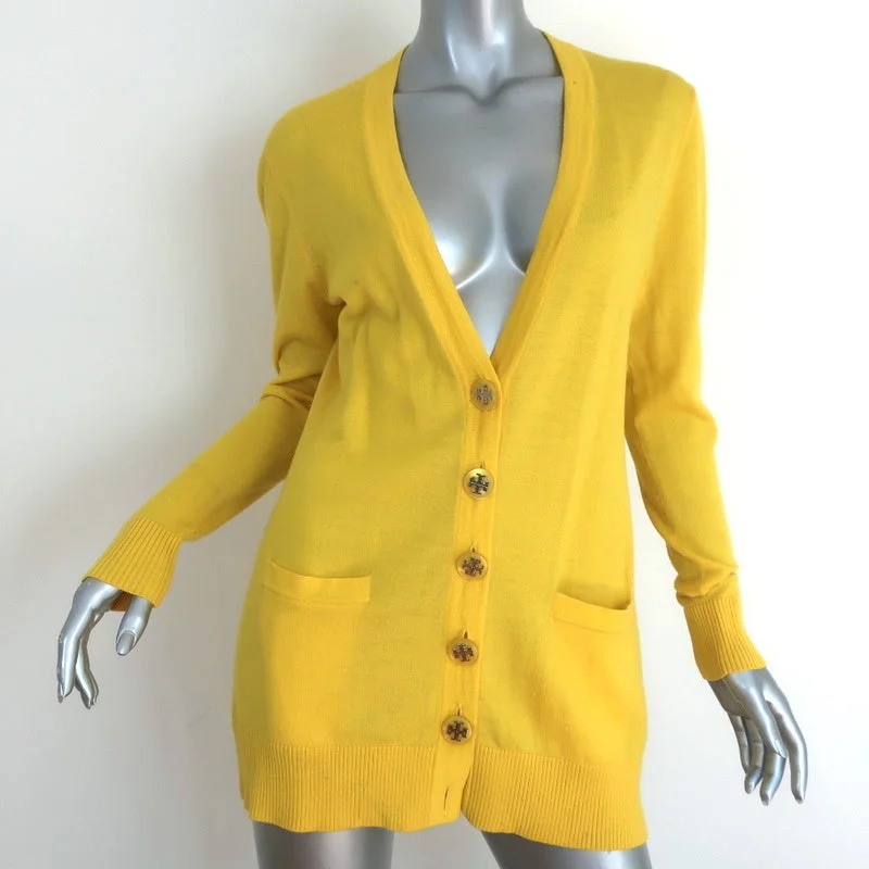 Tory Burch Cardigan Ainsley Yellow Wool Size Medium V-Neck Sweater Zippered Front Buttoned Front Snap Front