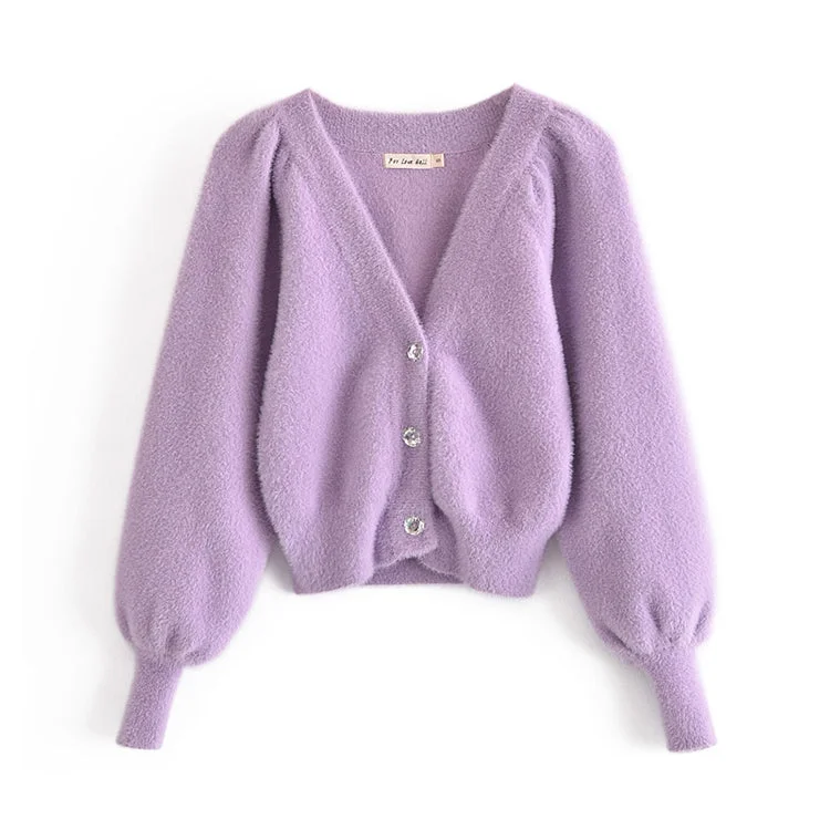 V-neck three button Lantern Sleeve Top Coat women's knitted cardigan 7237 Welt Pockets Slit Pockets Flap Pockets V-neck three button Lantern Sleeve Top Coat women's knitted cardigan 7237 Welt Pockets Slit Pockets Flap Pockets