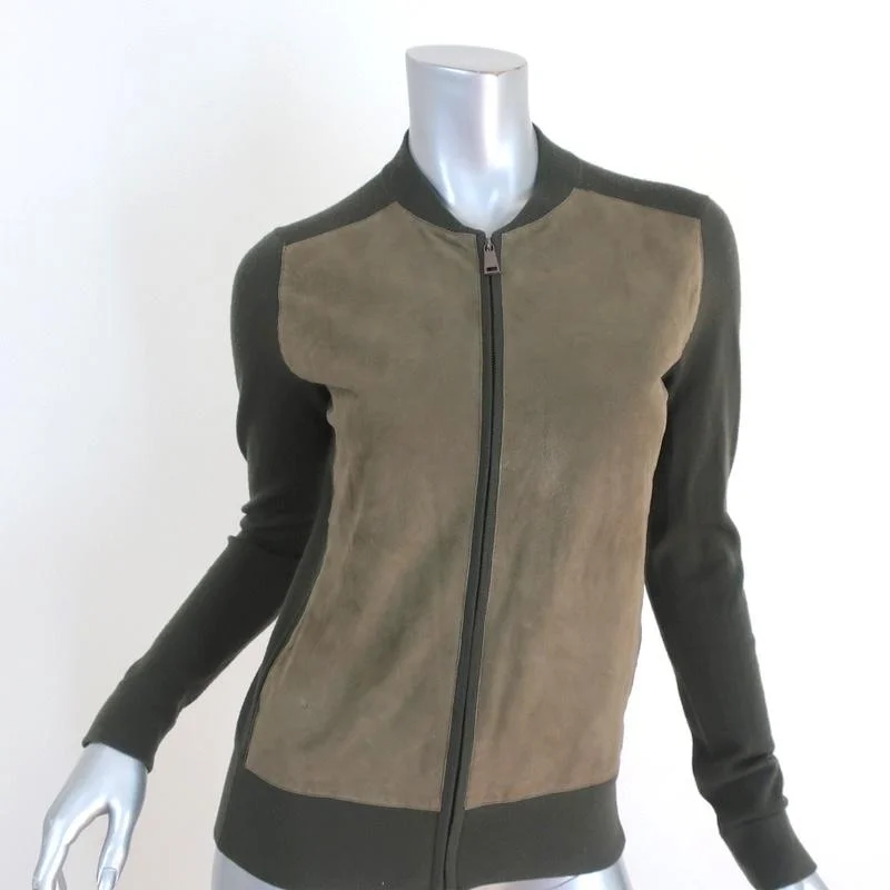 Vince Suede Front Cardigan Olive Wool Size Extra Small Zip-Up Sweater Fitted Loose Oversized