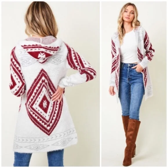 Wine Fuzzy Soft Knit Long Sleeve Aztec Tribal Native Western Cardigan Sweater Wool Fabric Cashmere Fabric Tweed Fabric