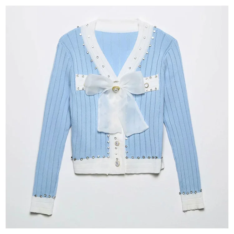 Xiaoxiangfeng V-neck heavy industry rivet bow knit cardigan 7294 Solid Print Embellished Xiaoxiangfeng V-neck heavy industry rivet bow knit cardigan 7294 Solid Print Embellished