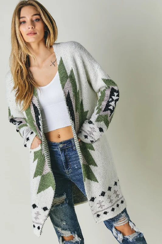 Aztec Print Long Cardigan Herringbone Houndstooth Plaid