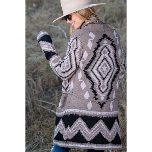 Aztec Tribal Western Patterned Knit Belted Open Cardigan Sweater w/ Pockets Knit Fabric Woven Fabric Fleece Fabric