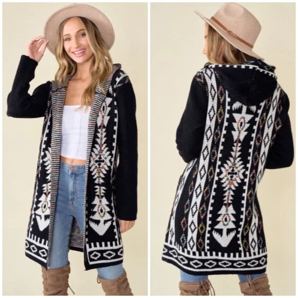 Black Aztec Rainbow Western Hooded Knit Cardigan Long Sleeve Open Sweater Tailored Straight A-Line