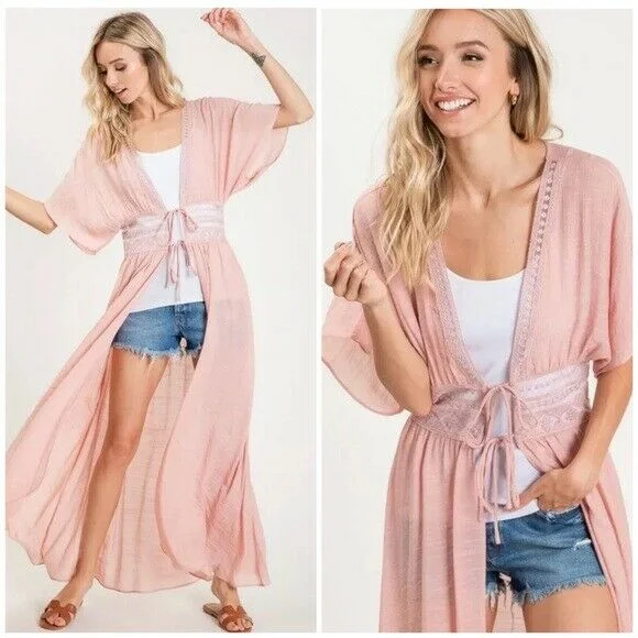 Blush Pink Crochet Boho Kimono Duster Short Sleeve Cardigan Wrap Womens Print Jacquard Patchwork