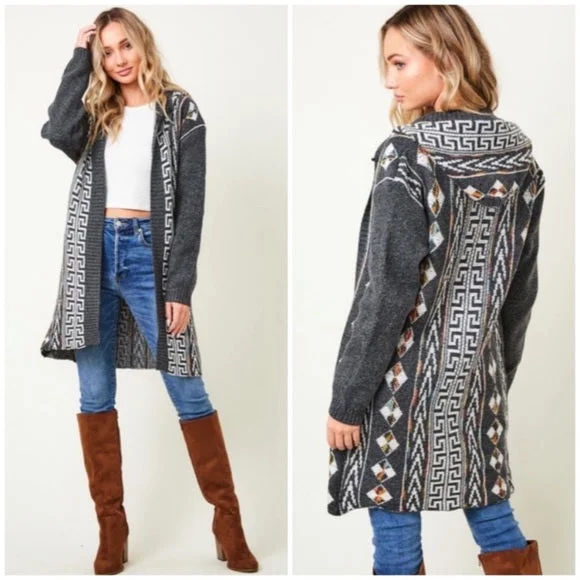 Charcoal Gray Native Cowichan Aztec Western Boho Hooded Cardigan Sweater Womens Spandex Rayon Corduroy