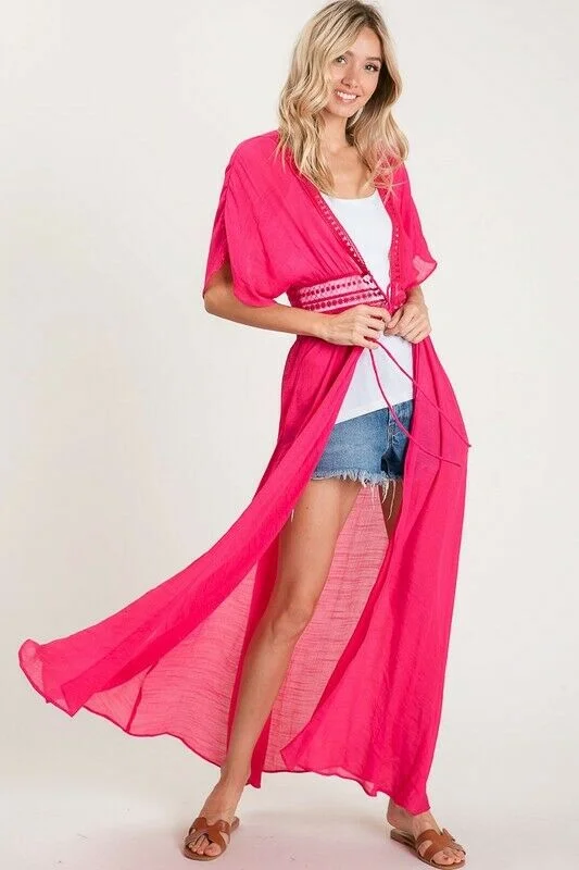 Fuchsia Crochet Boho Kimono Duster Short Sleeve Cardigan Wrap Womens Spandex Blend Rayon Blend Denim Blend