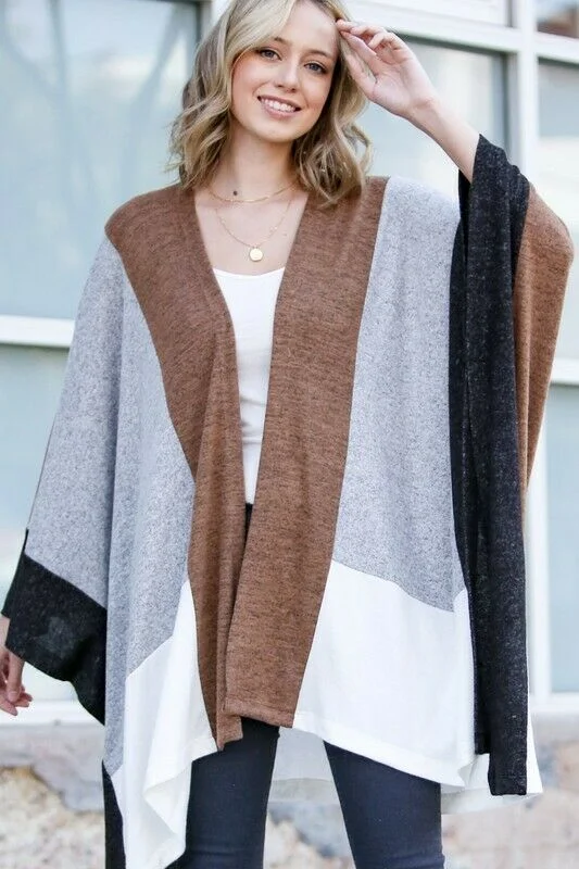 Gray Camel Color Block Asymmetrical Dolman Poncho Ruana Cardigan Casual Womens Lace Blend Ribbed Blend Corduroy Blend