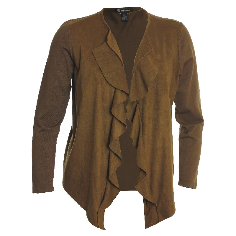 INC Brown or Black Open Front Cascading Ruffle Faux Suede Mixed Media Cardigan Sweater Houndstooth Herringbone Solid