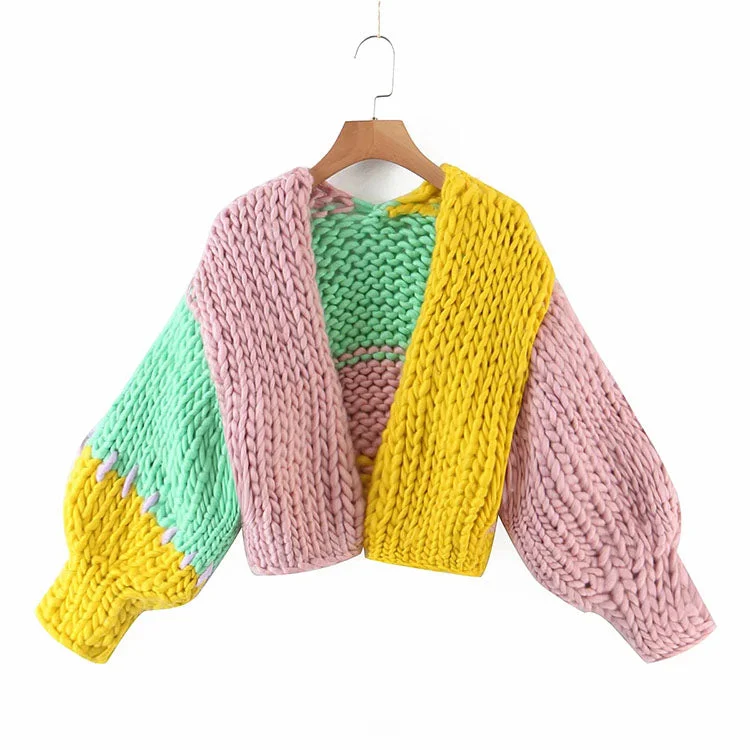 Loose and lazy Style Lantern Sleeve knitted cardigan sweater  7182 Crew Neck V-Neck Turtle Neck