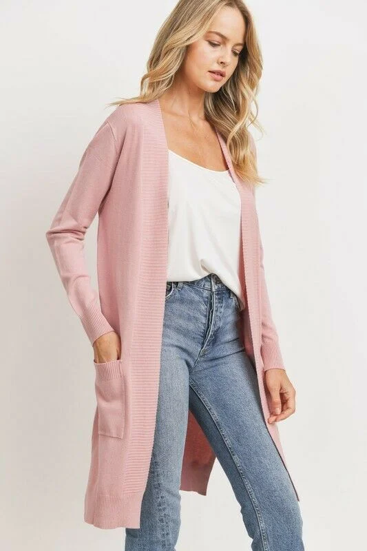 Mauve Solid Open Closure Knit Sweater Pocket Casual Drape Duster Womens Cardigan Transparent Opaque Sheer