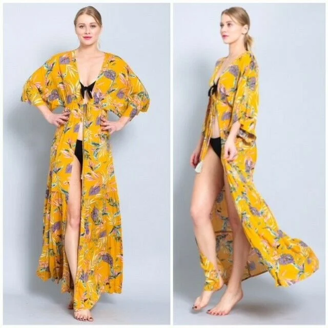 Mustard Floral Maxi Long Kimono Crepe Coverup Wrap Cardigan Womens Satin Fabric Silk Fabric Chiffon Fabric