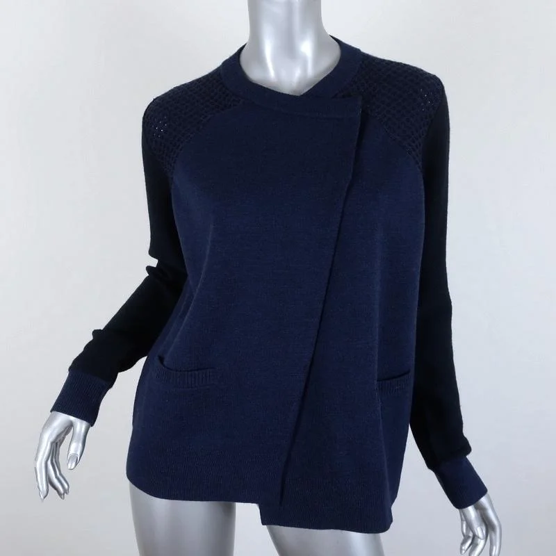 Proenza Schouler Cardigan Navy Paneled Knit Size Medium Asymmetric Sweater Beaded Cardigan Sequined Faux Fur