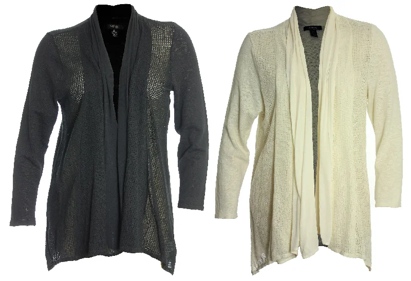 Style & Co. Black or Ivory Pointelle Trim Open Front Cardigan Sweater Terry Blend Velvet Blend Canvas Blend