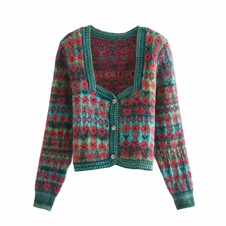 Sweater coat women's cardigan square neck Vintage contrast jacquard long sleeve knitting  7159 Open Front Closed Front Wrap Front