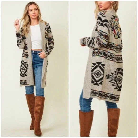 Taupe Rainbow Multi Colored Aztec Tribal Jacquard Open Knit Cardigan Sweater Striped Floral Plaid