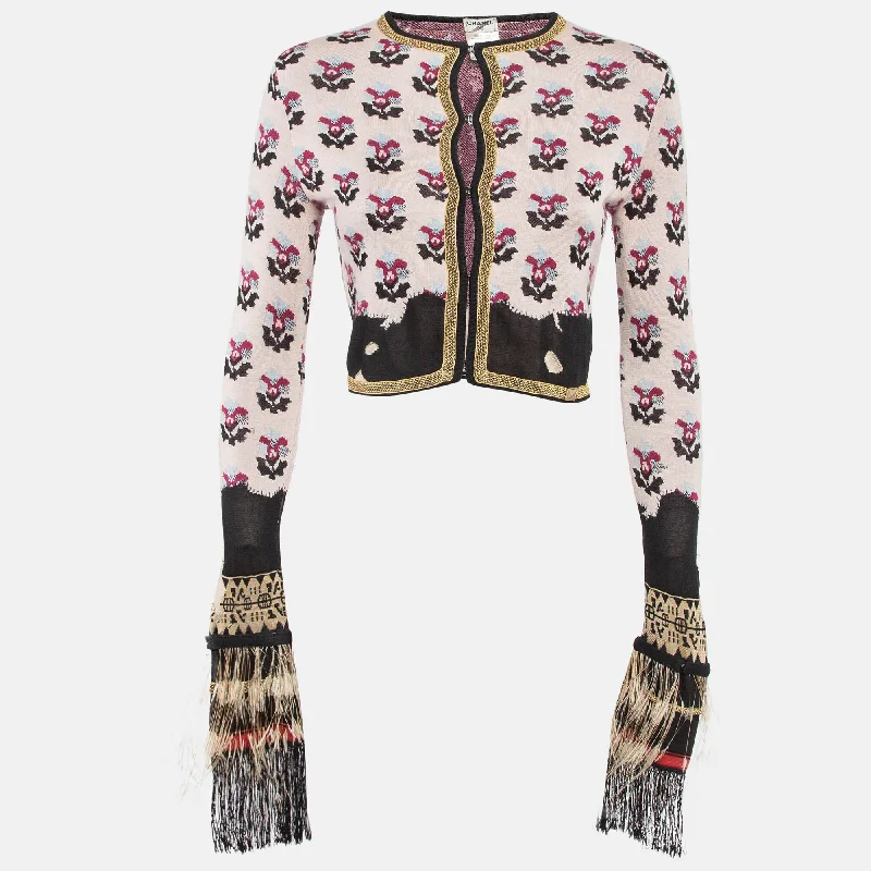 Chanel Pink Floral Pattern Knit Feather Fringe Detail Cropped Cardigan Neon metallic Matte