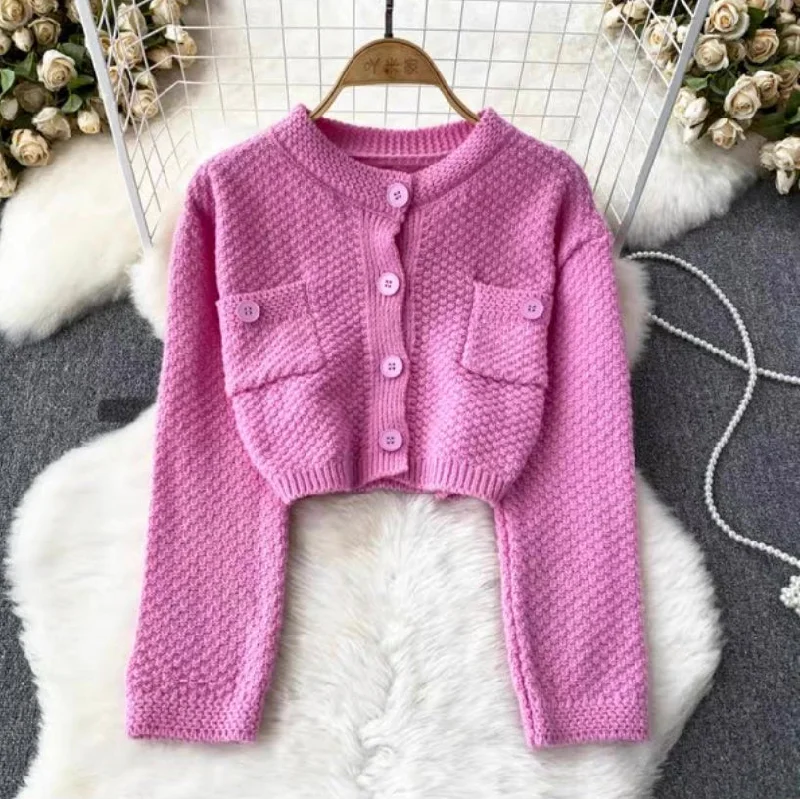 Chic, Retro, Gentle, Round Neck Double Pocket Sweater, Single Breasted Short Knit Cardigan    S4361 Terry Terry Cloth Terry Knit