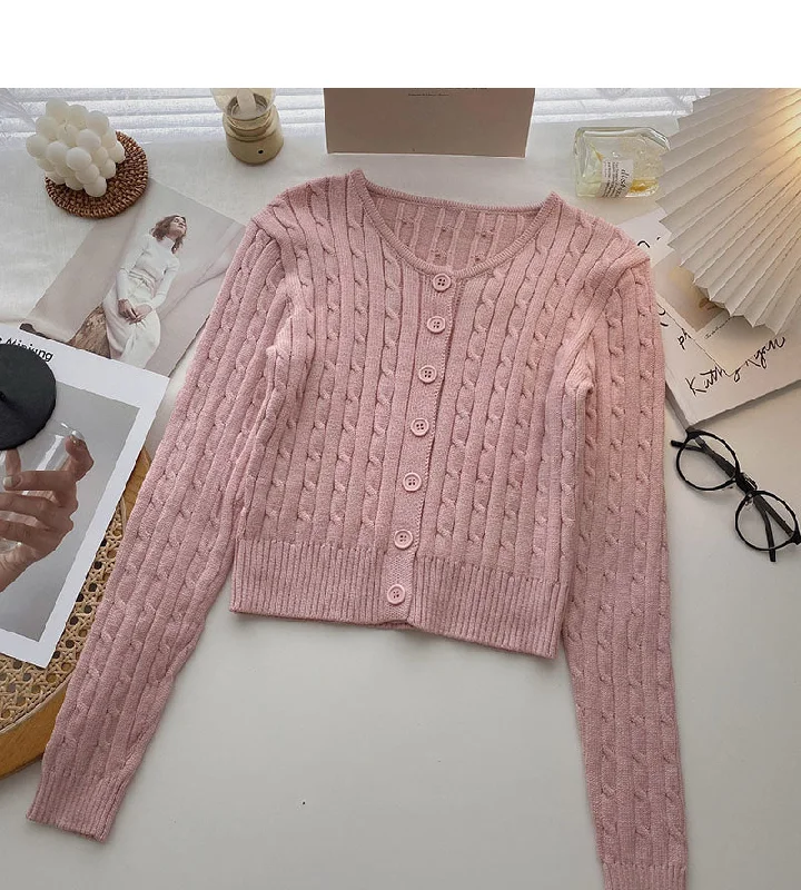 Knitted cardigan coat French retro short twist long sleeve top  6644 Open Front Closed Front Wrap Front