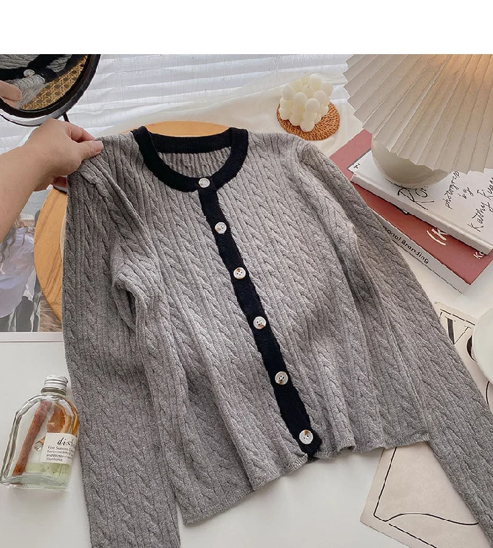 Knitted crew neck cardigan, versatile lazy long sleeve short top  6656 Crew Neck V-Neck Turtle Neck