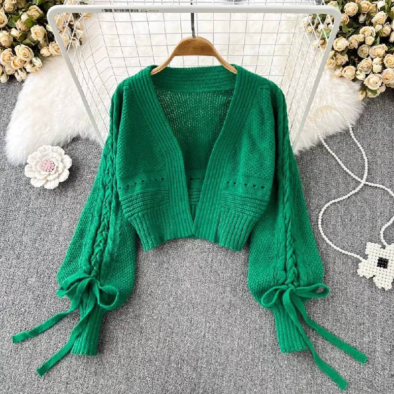 Lantern Sleeve Knitted Cardigan, Casual Bow Tie Short Long Sleeve Top    S4362 Spandex Rayon Corduroy