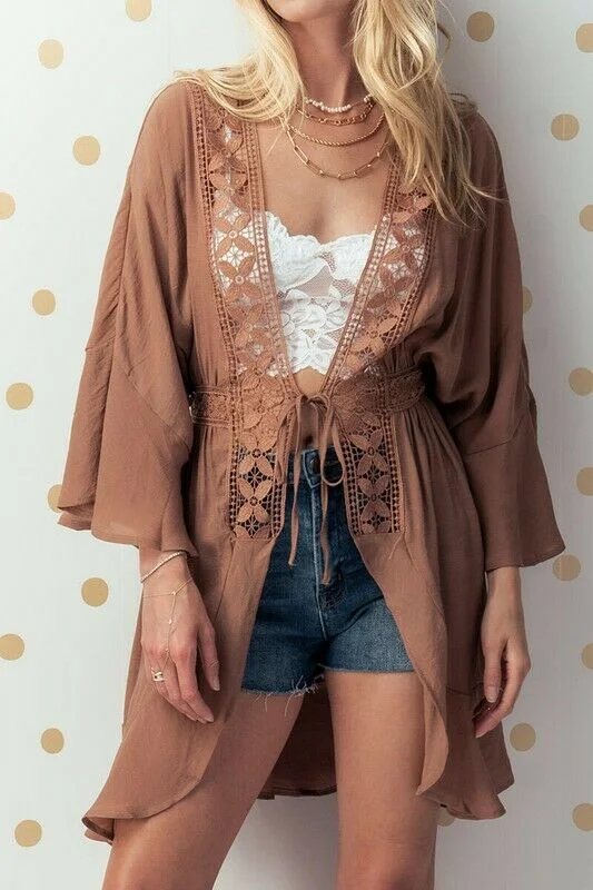 Mocha Boho Crochet Detail Ruffle Bell Sleeve Cardigan Wrap Womens Casual Elegant Classic Vintage