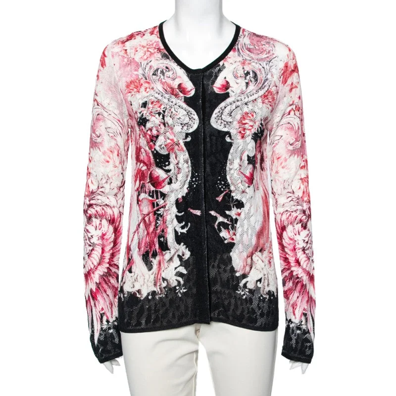 Roberto Cavalli Pink Printed Perforated Knit Button Front Cardigan Bright Pastel Dark