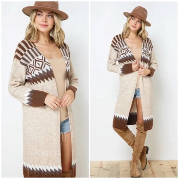 Taupe & Brown Aztec Tribal Western Boho Long Open Knit Cardigan Casual Sweater Ribbed Striped Patterned